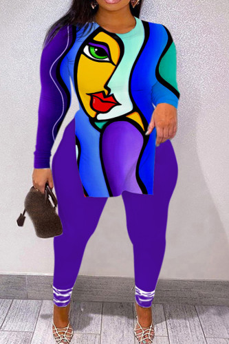 Blue Purple Casual Print Slit Plus Size Two Pieces