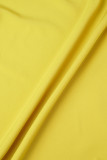 Vestidos amarillos elegantes de retazos lisos con hebilla y abertura, cuello camisero, manga larga, tallas grandes