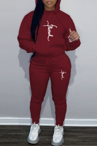 Burgundy Casual Print Basic Hooded Collar Plus Size Two Pieces