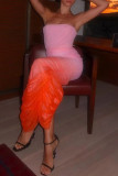 Roze sexy casual geleidelijke verandering print rugloze vouw strapless lange jurkjurken