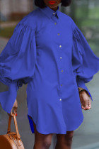 ブルー エレガント ソリッド パッチワーク バックル スリット シャツカラー 長袖 プラス サイズ ドレス