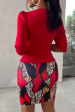 Red Casual Print Patchwork Asymmetrical Collar Pencil Skirt Dresses