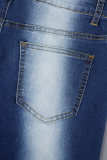 Blue Street Striped Patchwork Bolso Botões Zíper Cintura Média Bota Corte Jeans Jeans