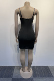 黒のセクシーなパーティーエレガントなパッチワークホットドリルスパゲッティストラップ非対称ドレス