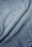 Голубые повседневные однотонные джинсовые комбинезоны с отложным воротником и длинными рукавами в стиле пэчворк