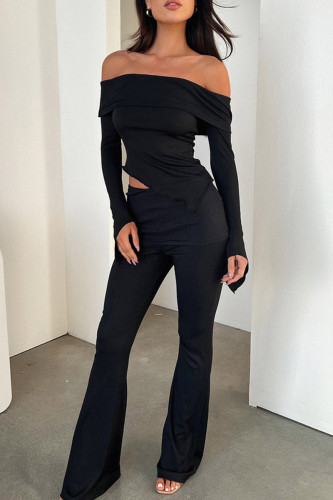 Black Sexy Solid Patchwork Off the Shoulder Long Sleeve Two Pieces