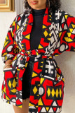 Red Green Casual Print With Belt Outerwear