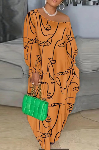 Orangefarbenes, sexy bedrucktes Kleid mit Patchwork-Tasche und schrägem Kragen