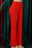 Calça Tangerina Vermelha Casual Sólida Básica Regular Cintura Alta Convencional Cor Sólida