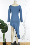 Blaue, lässige, solide Patchwork-Kleider mit fadenförmiger Webkante und unregelmäßigem V-Ausschnitt
