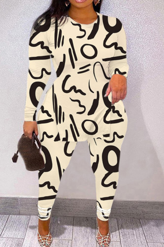 Apricot Casual Print Slit Plus Size Two Pieces