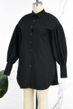 Preto elegante sólido patchwork fivela fenda camisa gola manga comprida vestidos tamanhos grandes