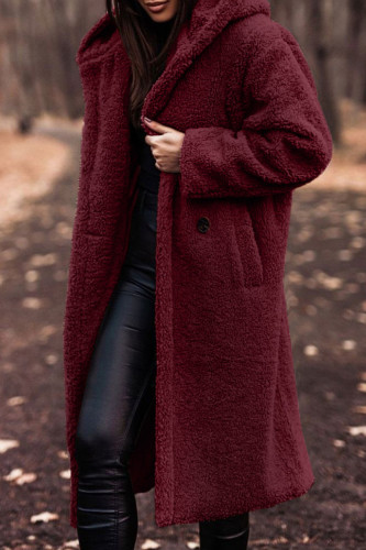 Burgundy Casual Solid Cardigan Hooded Collar Outerwear