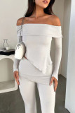 White Sexy Solid Patchwork Off the Shoulder Long Sleeve Two Pieces