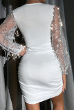 Vestidos de falda envueltos con cuello en V con cuentas y pliegues transparentes de retales lisos sexys blancos