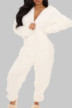 Witte casual effen patchwork ritssluiting met capuchon en kraag, normale jumpsuits