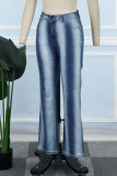 Blauw straatgestreepte patchwork zakknopen rits midden taille boot-cut denim jeans