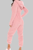 ピンク カジュアル ソリッド パッチワーク ジッパー フード付き襟 レギュラー ジャンプスーツ