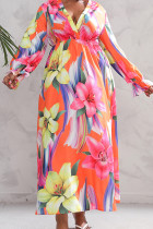 タンジェリン エレガントな花柄パッチワーク V ネック プリント ドレス プラス サイズ ドレス
