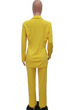 Yellow Elegant Solid Patchwork Buckle Turn-back Collar Long Sleeve Two Pieces