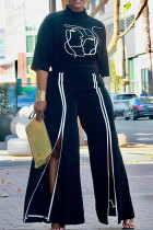 Black Sweet Print Patchwork High Opening Half A Turtleneck Half Sleeve Two Pieces T-shirts Tops And Wide Leg Pants Sets