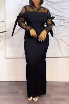 Schwarze, sexy, lässige, tägliche, elegante Spitzen-Patchwork-Kleider mit O-Ausschnitt