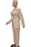Khaki Elegant Solid Patchwork Buckle Turn-back Collar Long Sleeve Two Pieces