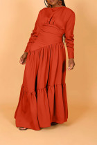 Robe longue décontractée rouge mandarine, couleur unie, Patchwork pliable, col rond