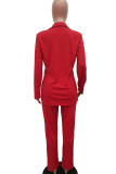 Red Elegant Solid Patchwork Buckle Turn-back Collar Long Sleeve Two Pieces