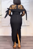 Zwarte sexy casual dagelijkse elegante kanten patchwork jurken met O-hals