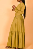 Mandarinenrotes, lässiges, solides, Patchwork-langes Kleid mit Falten und O-Ausschnitt