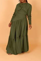 Армейско-зеленые повседневные однотонные лоскутные длинные платья с круглым вырезом и складками