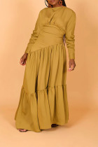 Желтые повседневные однотонные лоскутные длинные платья с круглым вырезом и складками