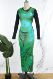 Зеленые повседневные платья с длинным рукавом и круглым вырезом в стиле пэчворк с принтом