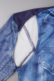 Robes décontractées bleues à col roulé et patchwork ajouré imprimé décontracté