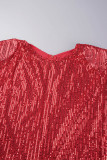 Combinaisons rouges décontractées en Patchwork de paillettes, col rond, grande taille (sans ceinture)