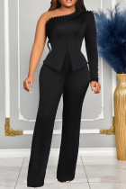 Fenda de retalhos sólida elegante preta com miçangas de um ombro manga comprida duas peças