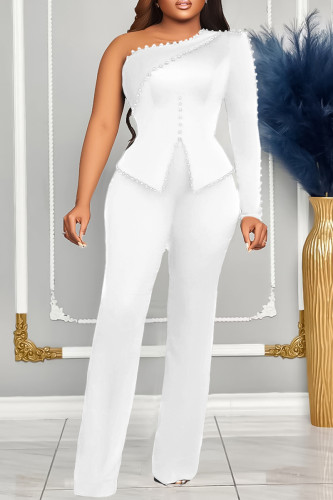 Fenda de retalhos sólida elegante branca com miçangas de um ombro manga longa duas peças