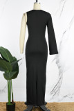 Zwarte casual effen split schuine kraag lange jurk jurken