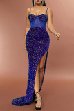 Koningsblauw sexy formele patchwork pailletten rugloze split spaghetti avondjurk jurken