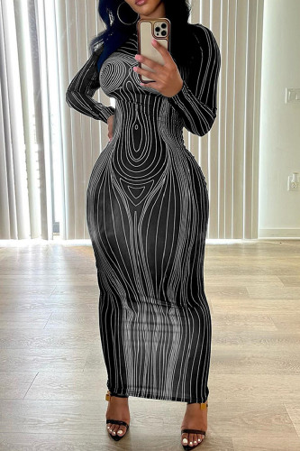 Grey Casual Print Basic O Neck Long Sleeve Dresses