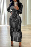 Black Casual Print Basic O Neck Long Sleeve Dresses