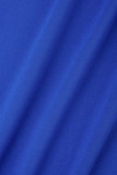 ブルー カジュアル ソリッド ベーシック ジッパーカラー スキニー ジャンプスーツ