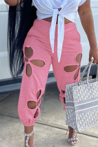 Розовые сексуальные однотонные выдолбленные лоскутные штаны в стиле пэчворк со стандартной высокой талией и обычными лоскутными штанами