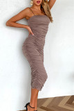 Brown Sexy Casual Solid Backless Fold Spaghetti Strap Wrapped Skirt Dresses