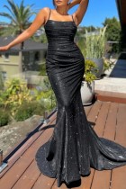 Black Sexy Formal Solid Backless Spaghetti Strap Evening Dress Dresses