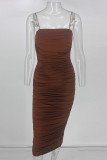 Brown Sexy Casual Solid Backless Fold Spaghetti Strap Wrapped Skirt Dresses