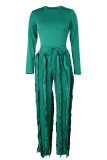 Green Street Solid Tassel Patchwork Draw String O Neck Long Sleeve Two Pieces