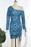 Lichtblauwe sexy casual print rugloze schuine kraag jurken met lange mouwen
