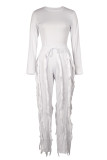 White Street Solid Tassel Patchwork Draw String O Neck Long Sleeve Two Pieces